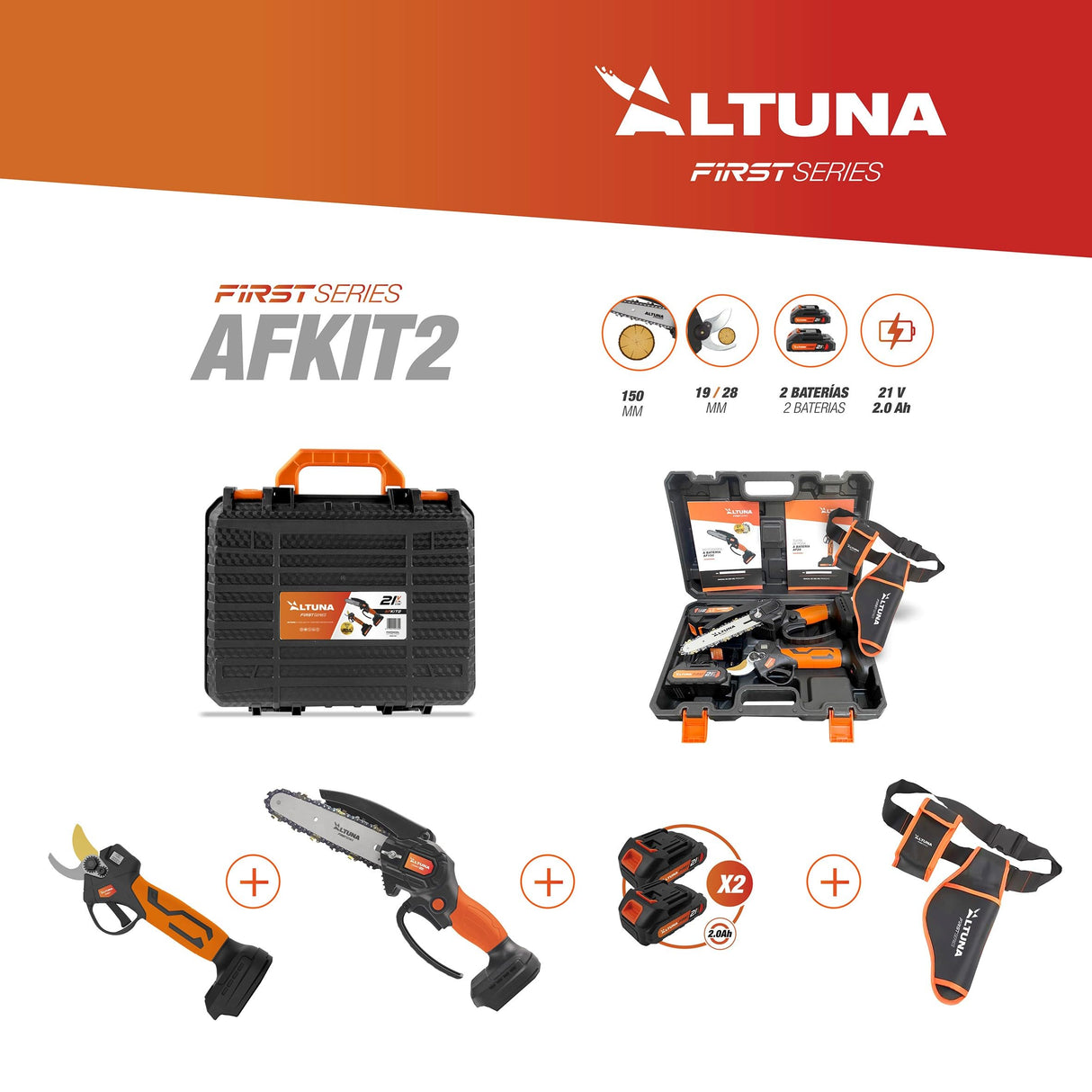 Altuna - Kit de Poda a Batería de Titanio - Motosierra a Batería + Tijeras de Podar Eléctricas - Incluye 2 Baterías 2Ah - Con Maletín, Cargador y Cinturón Portaherramientas