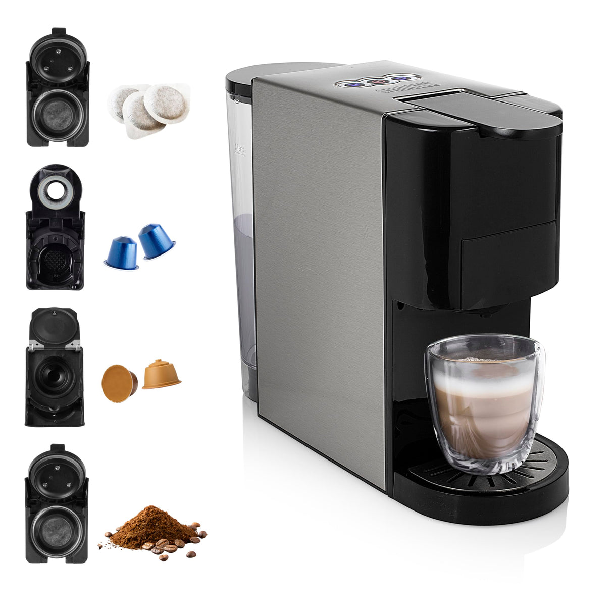 Princess 249451 Máquina de café multicápsulas, adaptadores para cápsulas Nespresso, Dolce Gusto, Lavazza a Modo Mio, monodosis ESE y café molido, 19 bares, depósito de agua extraíble 800 ml, 1450 W