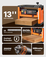 VEVOR Cepilladora Eléctrica, Mesa de Trabajo de 33 cm de Ancho, Cabezal de Corte en Espiral con 24 Insertos, 2000 W 23500 RPM Moto Potente, Rodillo Doble, Velocidad Única, para Madera Dura/Blanda