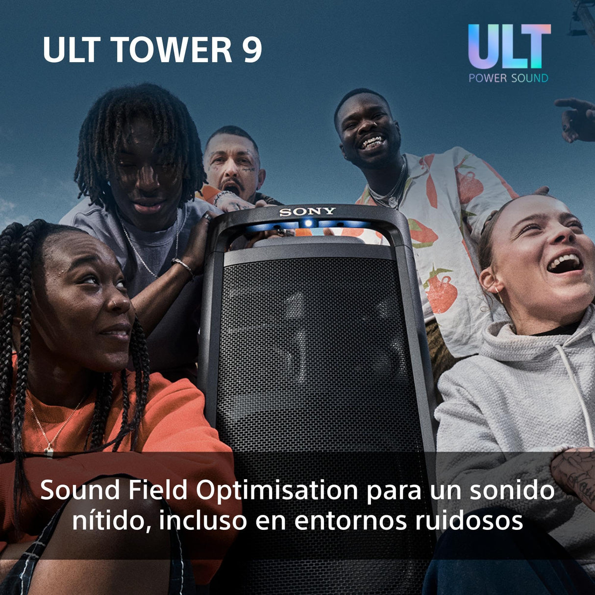Sony ULT Tower 9, Ultimate Bluetooth Party Speaker, 25 H de batería y alimentación de Red, 2 Modos ULT Power Sound, X-Balanced Speaker, 360 Luces y Sonido, entradas de Karaoke, Negro