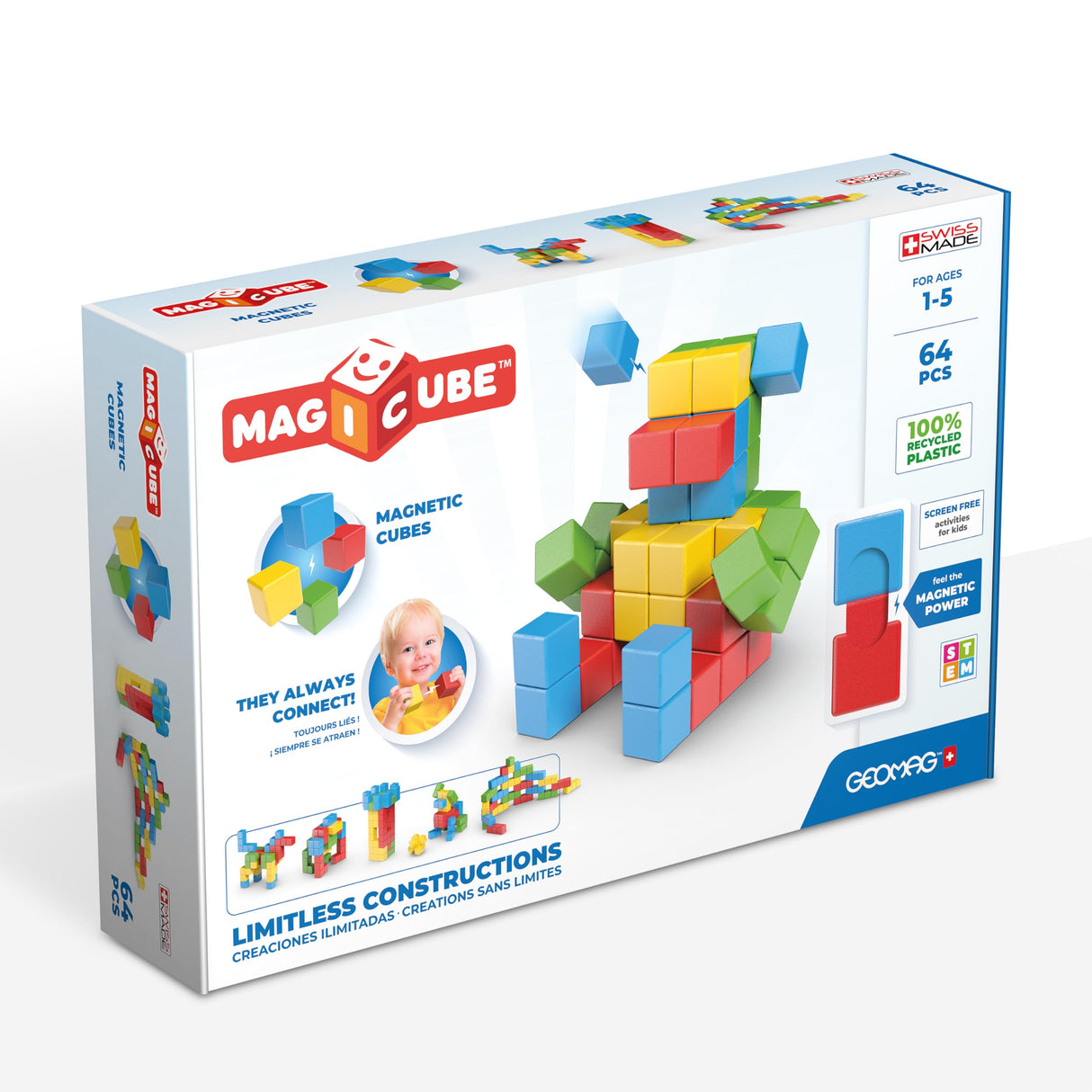 Geomag Magicube Full Color, Bloques de Construcción Magnéticos para Niños a Partir de 1 Año – Juego de 64 Bloques de 4 Colores Hechos de Plástico 100% Reciclado