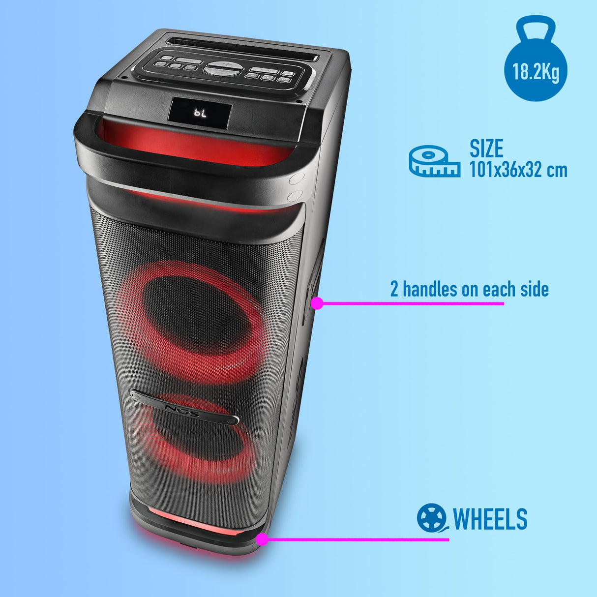 NGS Wild Space 3 - Altavoz Portátil, Compatible con tecnología Bluetooth, True Wireless Stereo, Subwoofer + Doble Tweeter, Micro SD/USB/AUX IN, Ruedas, Color Negro