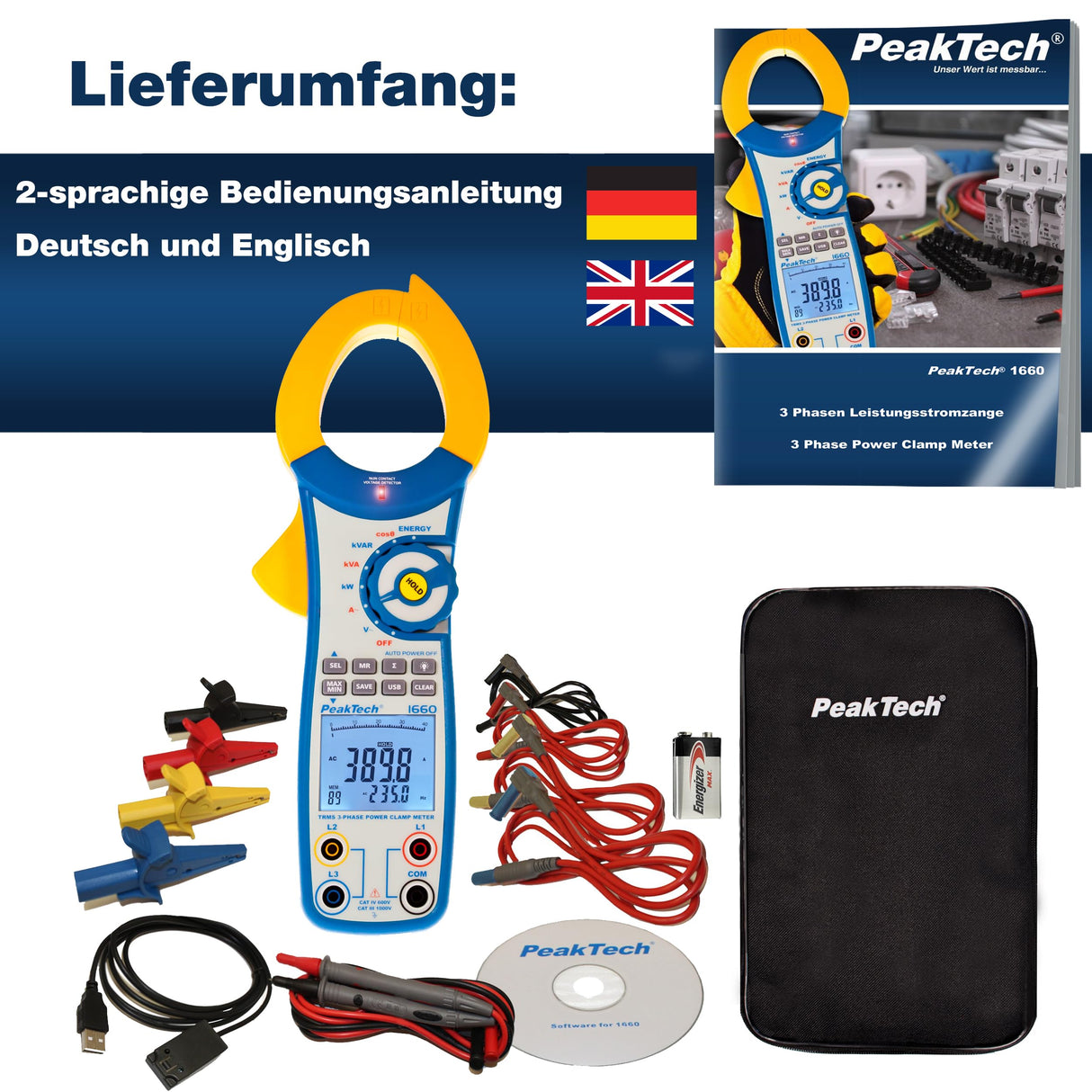 PeakTech 1660 – Pinza amperimétrica con USB, 1000 A CA, 9999 cuentas, multímetro digital, pinza amperimétrica para kW, kWh, kVA, TUV/GS, voltímetro sin contacto, probador de continuidad