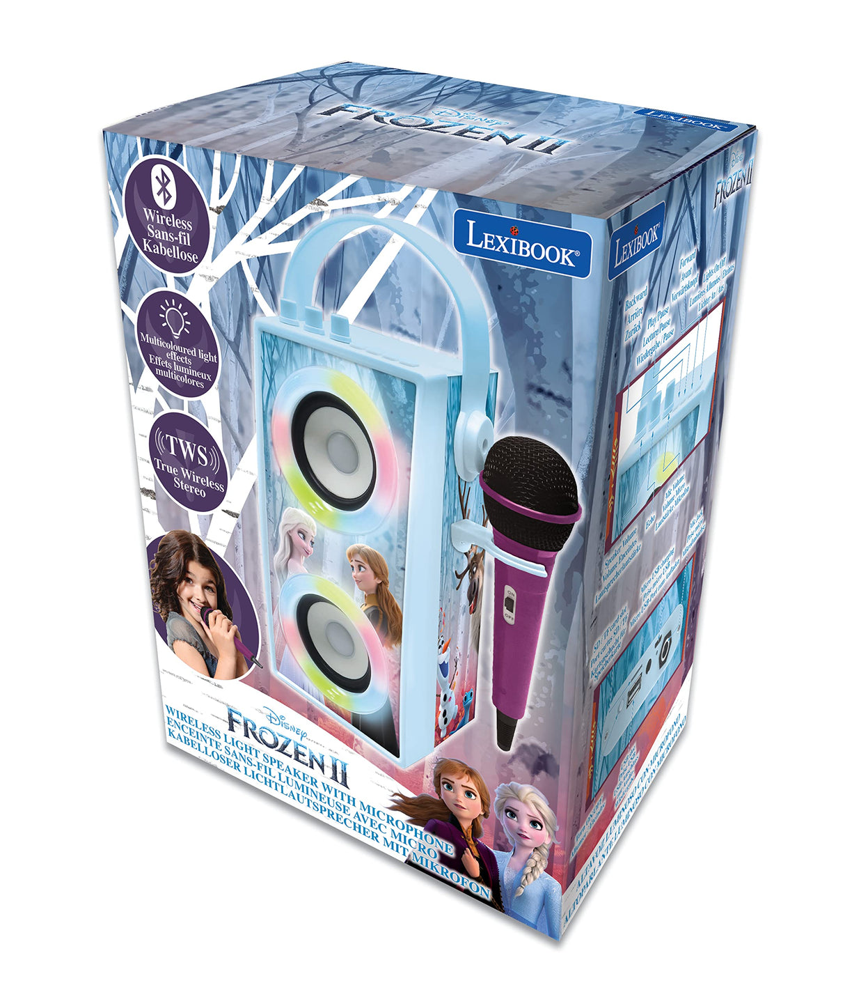 LEXIBOOK, Frozen, Altavoz Luminoso Bluetooth portátil con micrófono, Efectos de luz, Karaoke, inalámbrico, USB, Tarjeta SD, batería Recargable, Azul/Morado, BTP180FZZ