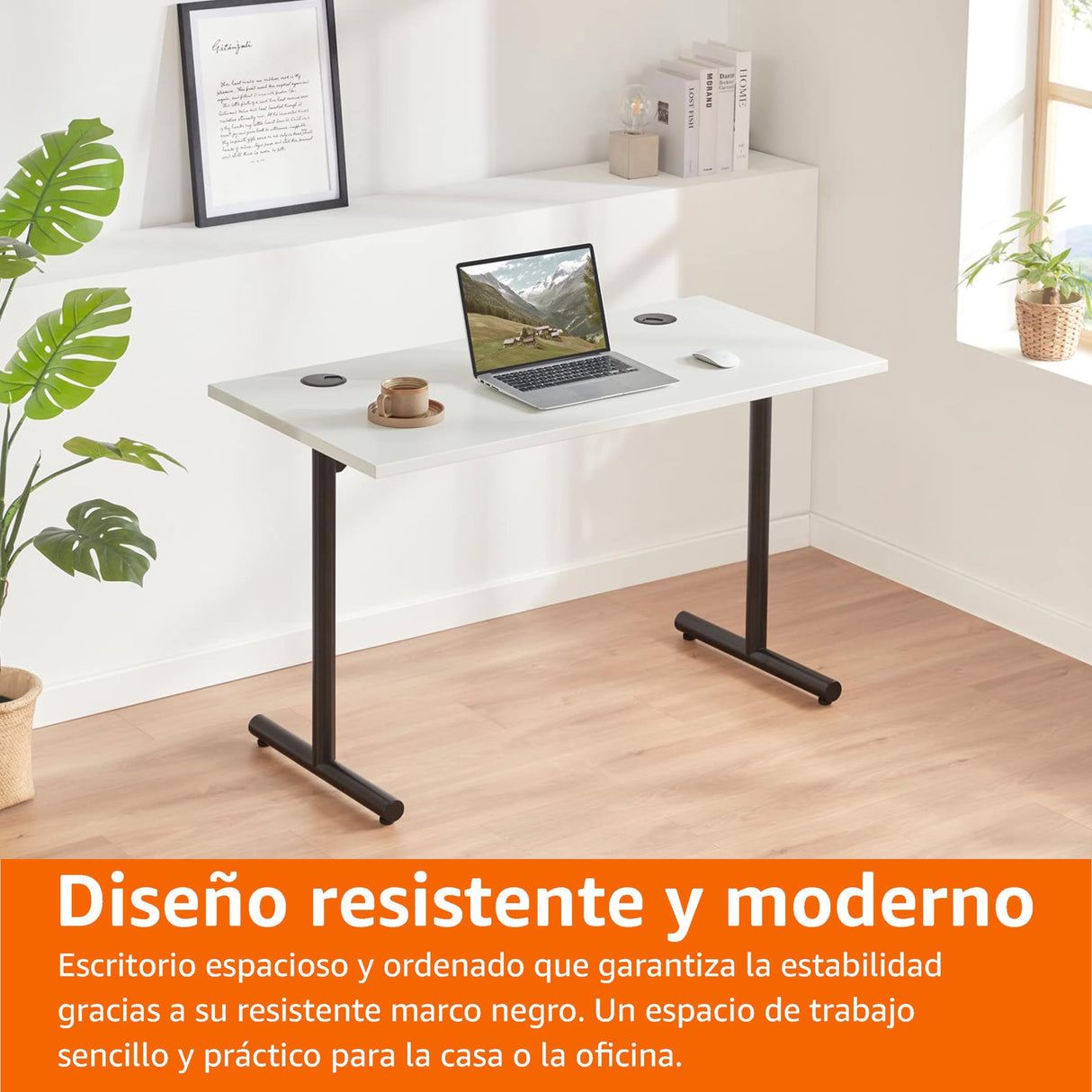 Amazon Basics - Escritorio simple para oficina en casa, escritorio para PC, parte superior blanca y marco negro, rectangular, fácil de montar, 120 x 60 x 73,6 cm