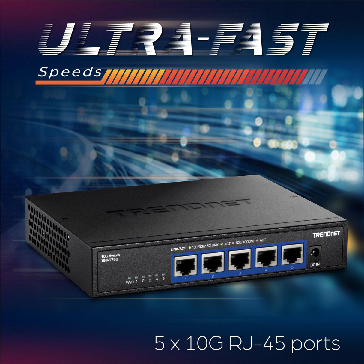 TRENDnet, TEG-S750, Conmutador de 5 Puertos 10G, 5 Puertos 10G RJ-45, Capacidad de conmutación de 100 Gbps, admite Conexiones 2.5G y 5G-Base-T, Negro