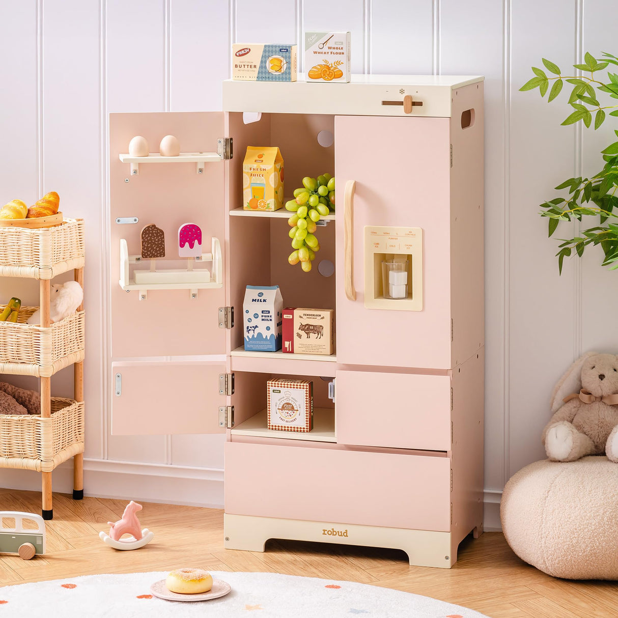 ROBUD Frigorífico de Madera - Realista e Interactivo con máquina de Hielo y Juguetes alimenticios - Apto para niños a Partir de 3 años - Rosa