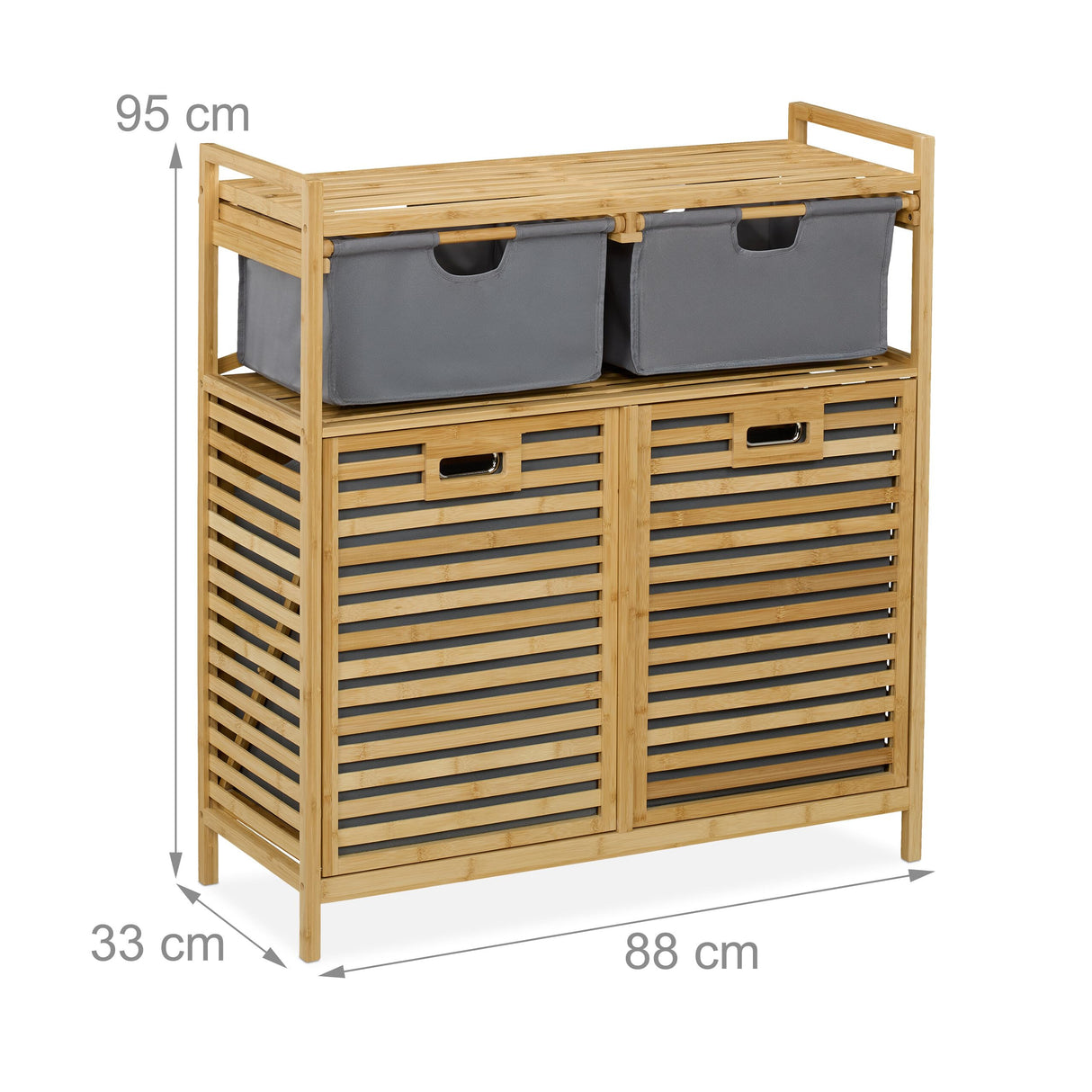 Relaxdays Estantería Baño con 2 Cestos Ropa Sucia, Basculante, 40 L, Balda y 2 Cajones, Bambú, 95x88x33 cm, Natural/Gris, Poliéster