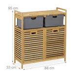 Relaxdays Estantería Baño con 2 Cestos Ropa Sucia, Basculante, 40 L, Balda y 2 Cajones, Bambú, 95x88x33 cm, Natural/Gris, Poliéster