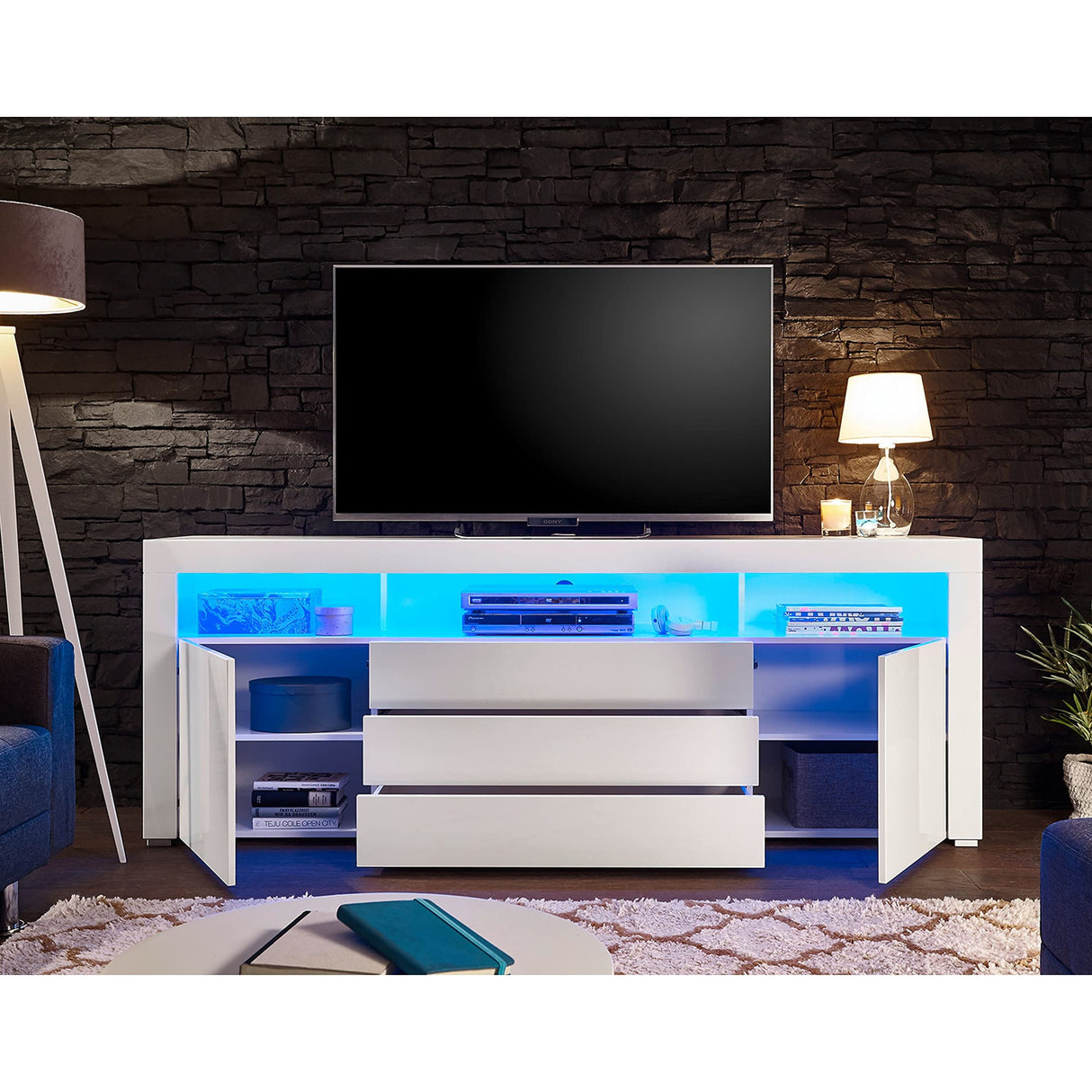 Stella Trading Mueble bajo Goal, Blanco Brillante con iluminación LED Azul, Armario Espacio de Almacenamiento para su salón, Material de Madera, TV-Lowboard 200 cm