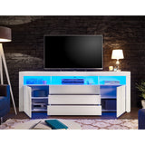 Stella Trading Mueble bajo Goal, Blanco Brillante con iluminación LED Azul, Armario Espacio de Almacenamiento para su salón, Material de Madera, TV-Lowboard 200 cm