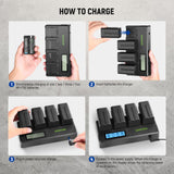 NEEWER 4pcs NP-F750 7.4V 5600mAh Batería de Repuesto con Cargador de 4 Canales y Adaptador de Corriente, Compatible con NP-F550/750/770/970 FM500H QM71D QM91D, Monitores de Campo, Luces de Video