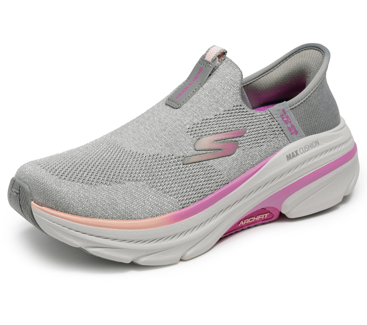 Skechers MAX Cushioning Arch Fit 2.0 Cambridge, Zapatillas Mujer, Gray Textile/Pink Trim, 39 EU