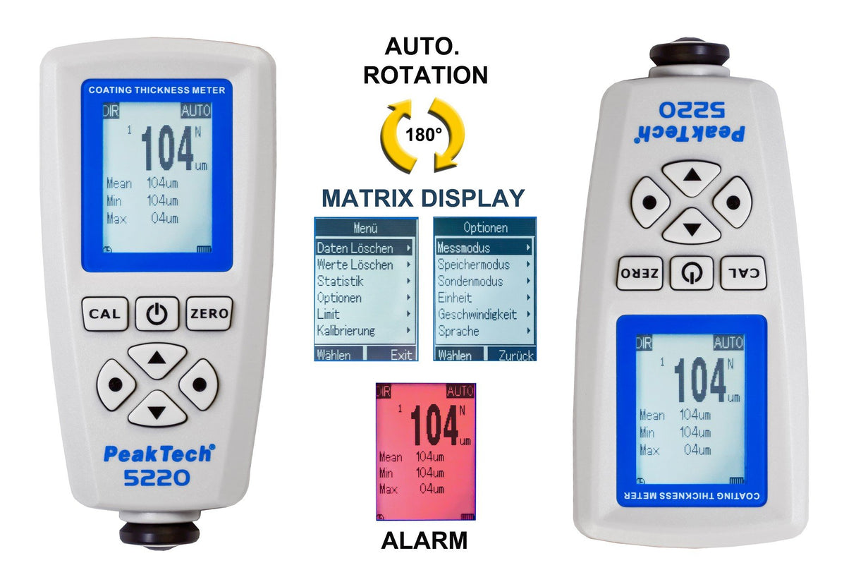 PeakTech, P 5220 Medidor profesional de espesor de revestimientos/medidor ultrasónico de espesor de revestimientos con USB para pintura de automóviles, metales (Fe y no Fe) como zinc