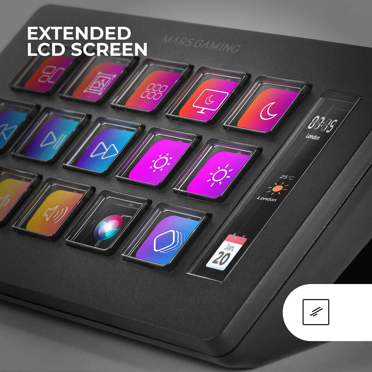 Mars Gaming MSD-ONE, Control Deck Slim, 15 Teclas LCD Personalizables, Pantalla LCD Ampliada, Software de Control y Plug-ins, Control Deck Compacto con Diseño Slim Ergonómico, Windows y MacOS, Negro