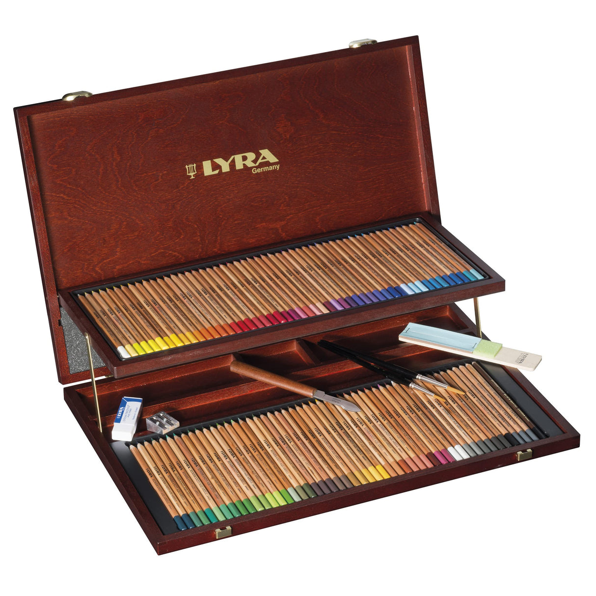LYRA Rembrandt Aquarell, Lápices de Colores Acuarelables para Bellas Artes, hexagonal, Caja de Madera, 96 lápices surtidos y accesorios, 106 piezas