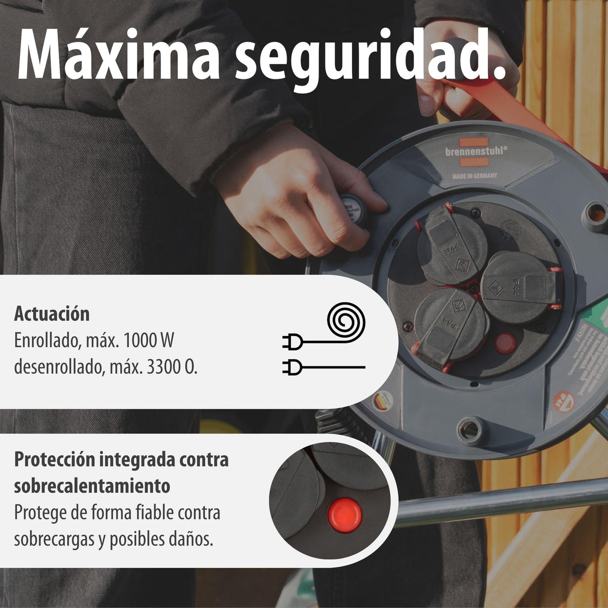 Brennenstuhl Enrollacables Garant V2 IP44 25m exterior (Made in Germany, 3 tomas de corriente con contacto de puesta a tierra, plástico especial)