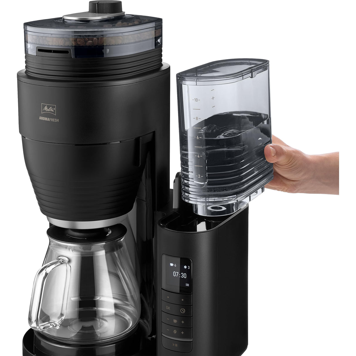Melitta AromaFresh Pro X - Cafetera de goteo con molinillo integrado, cafetera de filtro con jarra térmica y depósito de agua extraíble, máquina de café para hasta 10 tazas, negro
