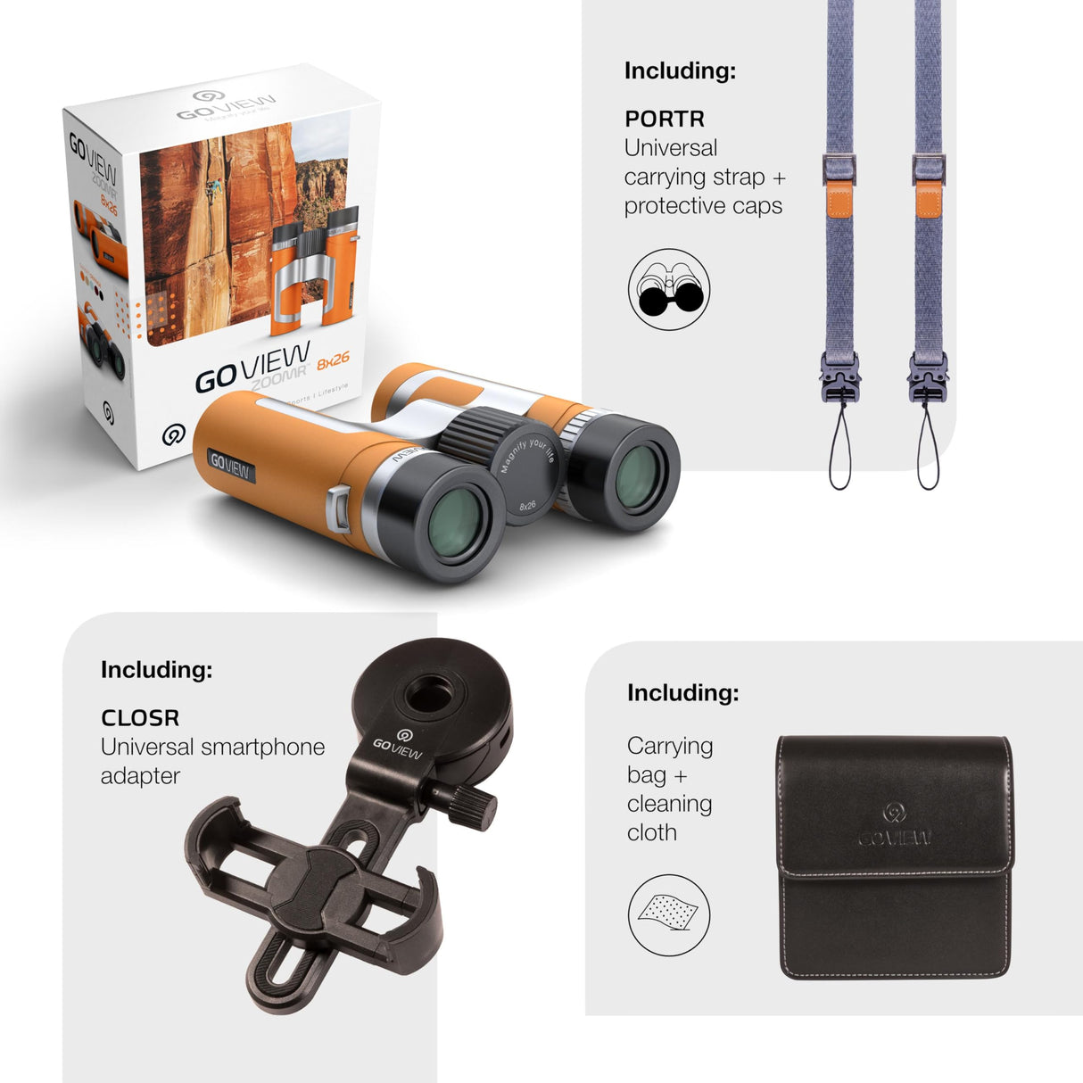 GoView ZOOMR 8x26 prismáticos pequeños y Ligeros (Aumento de 8X, Carcasa de magnesio, Incluye Adaptador para Smartphone y Accesorios) Phantom Negra