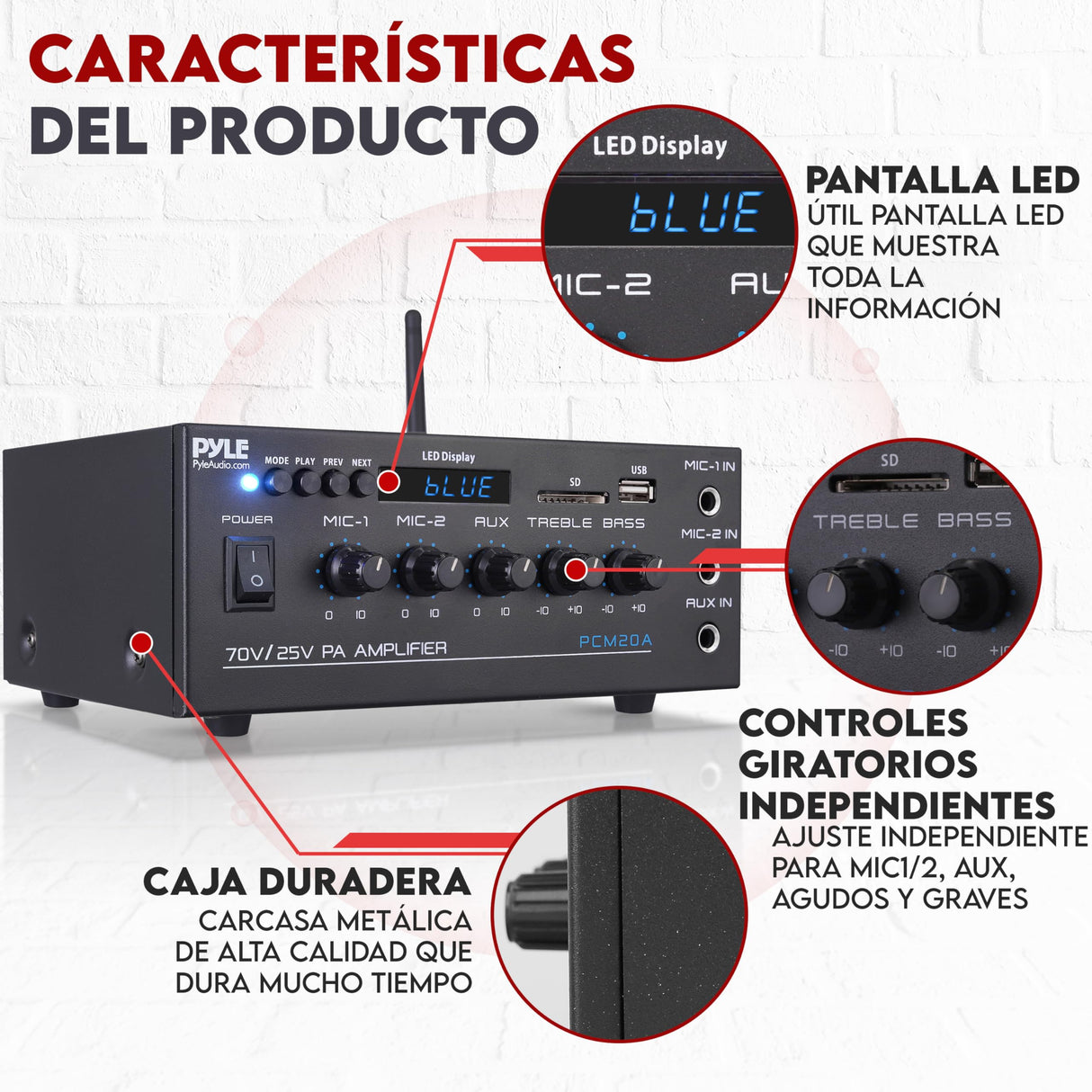 Pyle Sistema Amplificador de Potencia de Audio, Inalambrico, Estereo, Potencia Maxima de 200V, USB, SD, AUX, Entrada de microfono para Karaoke, Radio, Pantalla LCD, RCA
