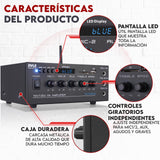 Pyle Sistema Amplificador de Potencia de Audio, Inalambrico, Estereo, Potencia Maxima de 200V, USB, SD, AUX, Entrada de microfono para Karaoke, Radio, Pantalla LCD, RCA