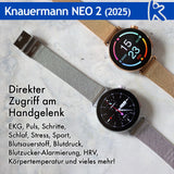 Knauermann Neo 2 (2025) - Plata Redonda - Reloj de Salud Smartwatch - ECG - Función HRV - Bluetooth BT - Apnea del Sueño - Presión Arterial - Pulsera de eslabones (Acero Inoxidable) - Herramienta,