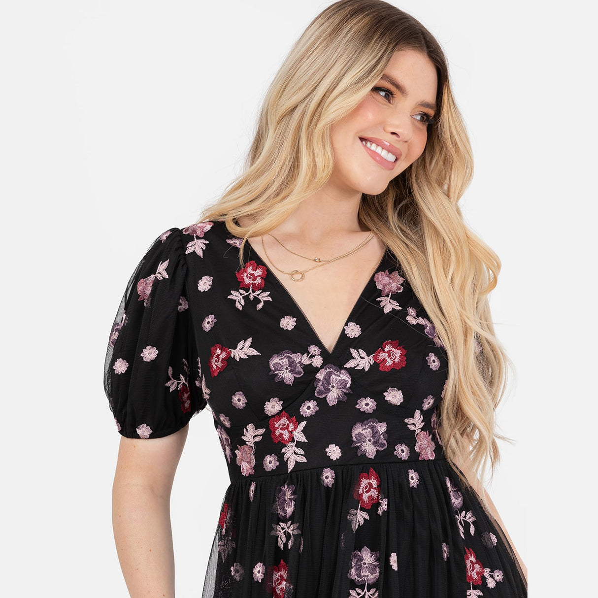 Women's Maxi Dress Ladies V-Neck Short Puff Sleeve Floral Embroidered Tiered Ruffle Tulle A-Line Keyhole Back Evening, Negro 40