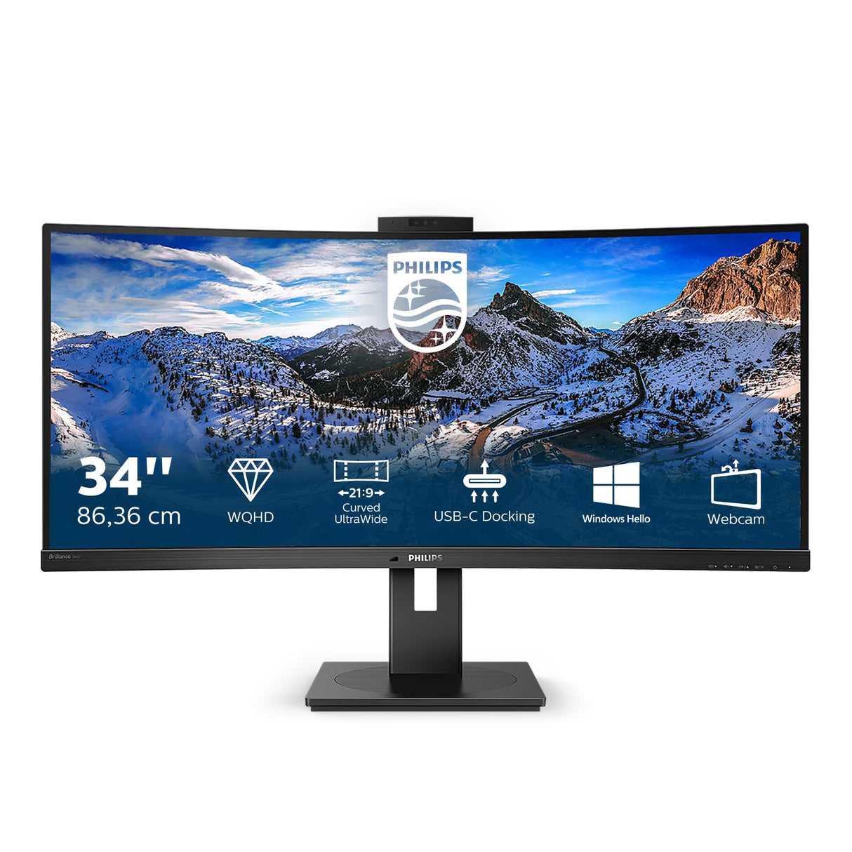 Philips 346P1CRH Monitor 34 Pulgadas UWQHD Curvo, 100Hz, VA, 4 ms GtG, HDR400, 0, Altura Ajustable, Altavoces (3440x1440, 1x HDMI 2.0, 1x DP 1.4, USB-Hub), Negro