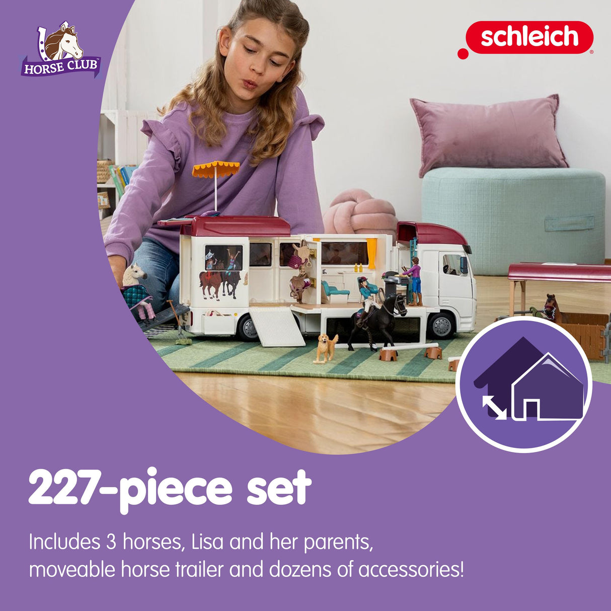 Schleich Horse Club 42619 — Set Transporte de Caballos con Remolque y 3 Figuras, 227 Piezas — Animales de Juguete Coleccionables — Set de Caballos — Juguetes para Niños de 5 Años o Más
