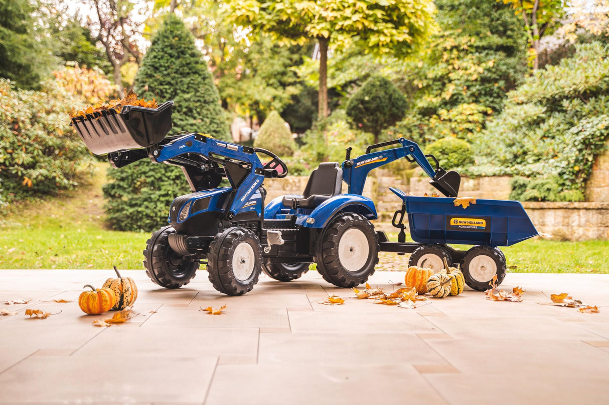 FALK - Retroexcavadora de Pedales New Holland con Excavadora y Remolque basculante - A Partir de 3 años - Fabricada en Francia - Asiento Giratorio - 3090W