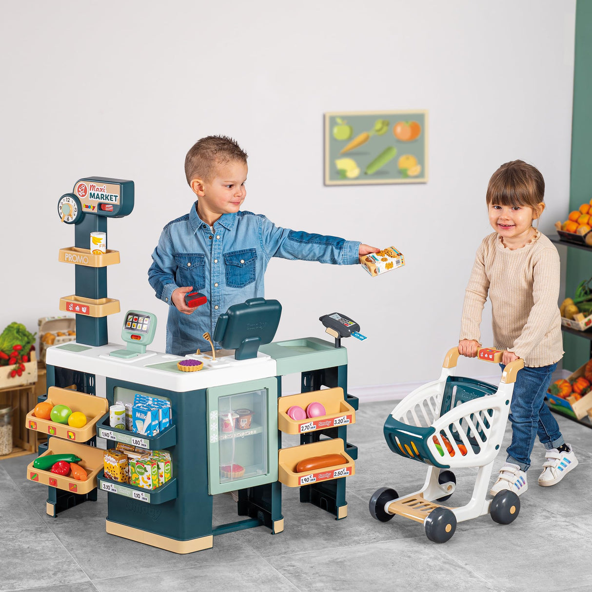Smoby- Supermercado Maxi con Carrito- Caja Registradora Sin Función Real, Zona de Embolsado, Lector de Código de Barras, Balanza, Frigorífico y 50 Accesorios, Juguete Niños Niñas 3 años (7600350242)