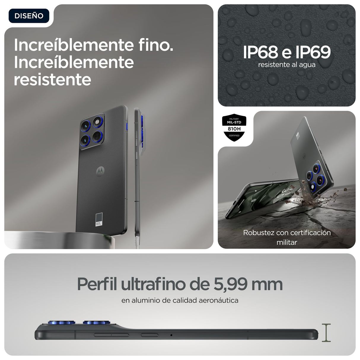Motorola Edge 70 24GB (12GB+12GB RAM Boost)/512GB Gadget Grey, España. Diseño increíblemente Fino. Pantalla Super HD de 6,7". Triple cámara 50MP con Moto ai. 4800 mAh. Durabilidad de Grado Militar