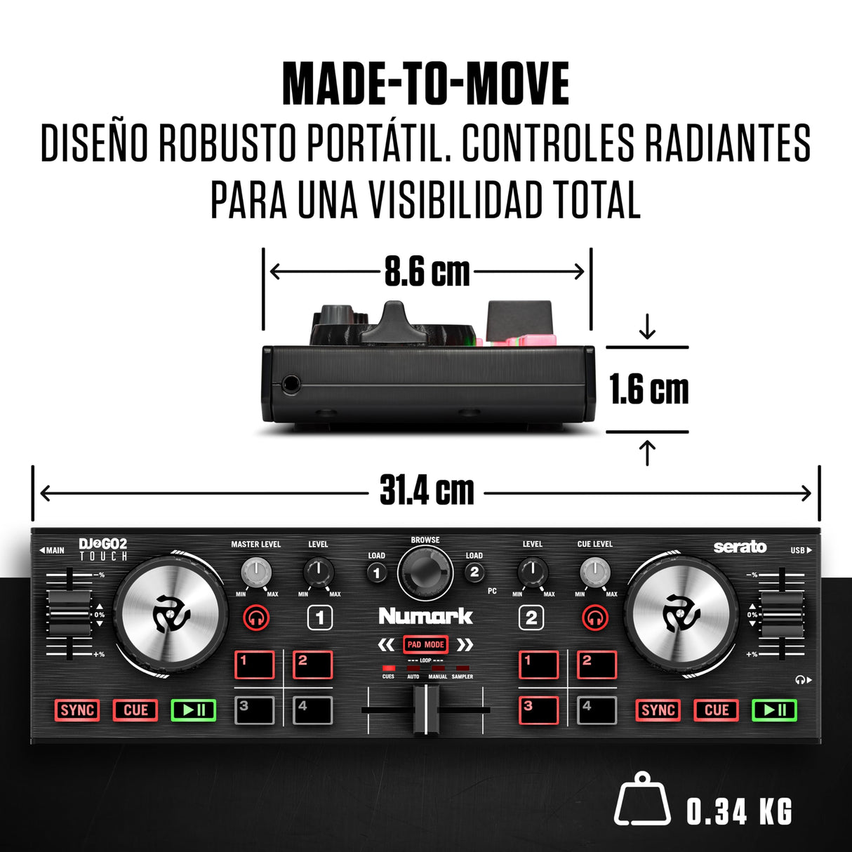Numark DJ2GO2 Touch Controlador DJ USB Compacto de 2 Canales para Serato DJ Con Mezclador Crossfader, Interfaz de Audio y Jog Wheels de Sensibilidad Táctil