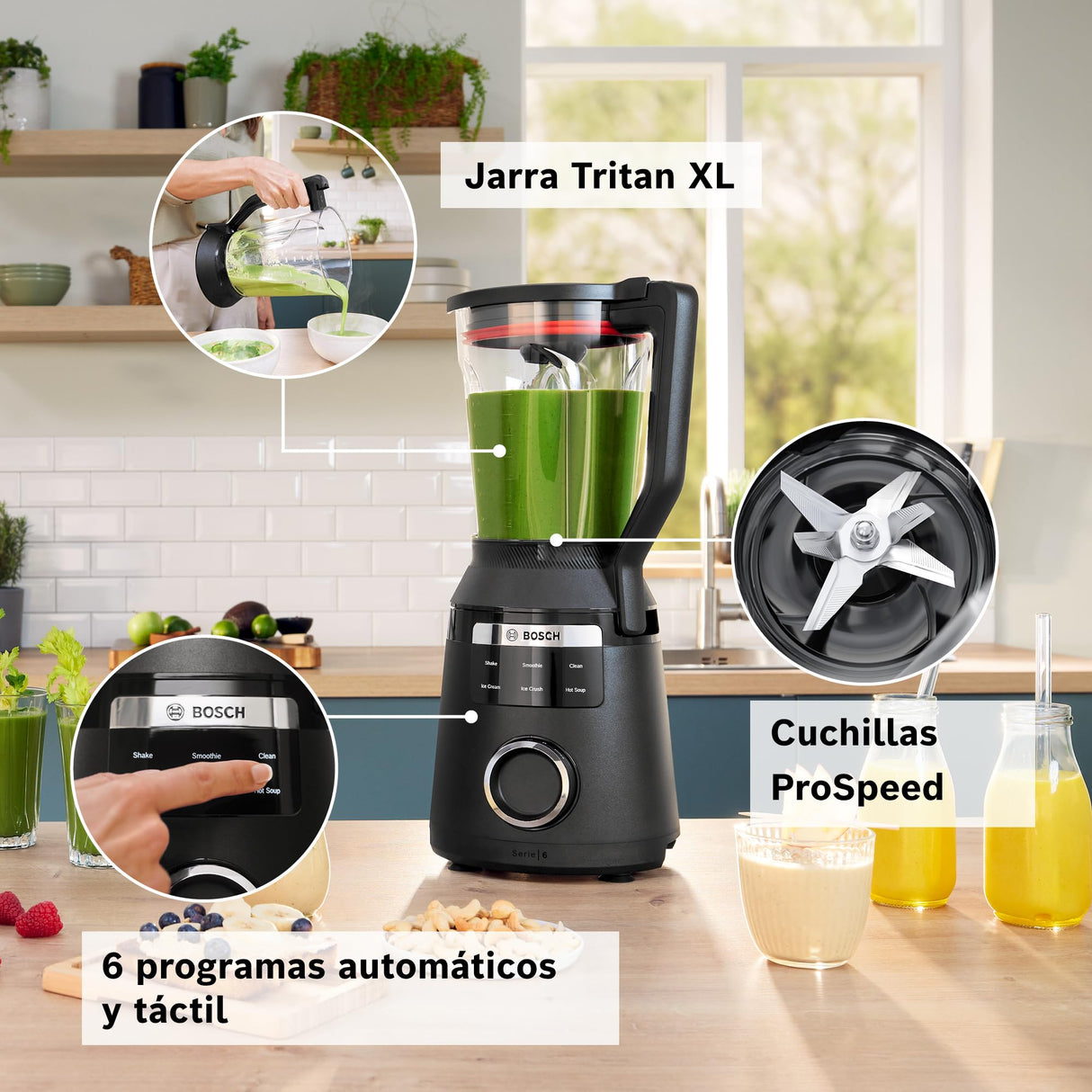 Bosch, batidora de vaso MMB6652B, VitaPower Serie 6, motor de 1800 vatios, velocidad del motor de hasta 45.000 rpm, 6 programas automáticos, jarra batidora Tritan, negro