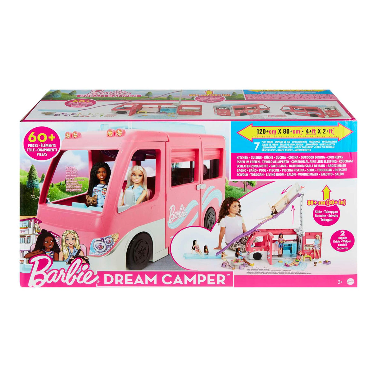 Barbie Supercaravana Dreamcamper 2022 Coche para muñecas con tobogán y Accesorios de Juguete(Mattel HCD46)