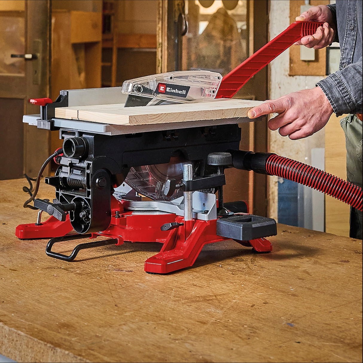 Einhell Sierra ingletadora y tronzadora y mesa TE-MS 216 T (1500W, hoja de sierra de Ø216mm, ancho de corte 120mm, profundidad 55mm, incl. láser de línea de corte, func. de sierra circular de mesa)