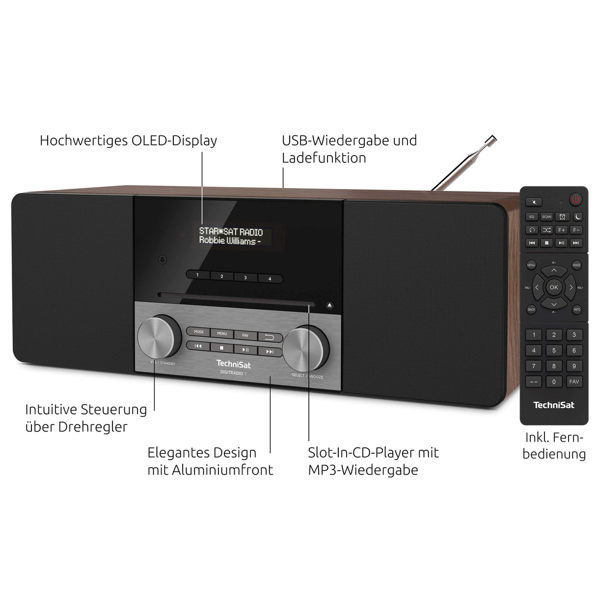 TechniSat DIGITRADIO 3 - Sistema Compacto de Radio Estéreo Dab (Dab+, FM, Reproductor de CD, Bluetooth, USB, Conexión para Auriculares, Entrada AUX, Radio Reloj Despertador, Pantalla OLED) Nogal