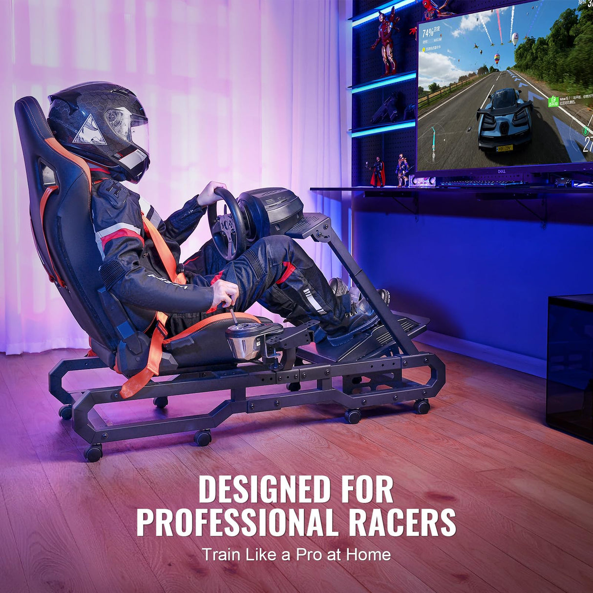 VEVOR Soporte para Volante de Carreras con Ruedas para Logitech G923/G920/G29, Cabina de Simulador de Conducción de Acero Resistente, Pedal Ajustables, Carga Máxima de 150 kg, 1480 x 790 x 1160 mm
