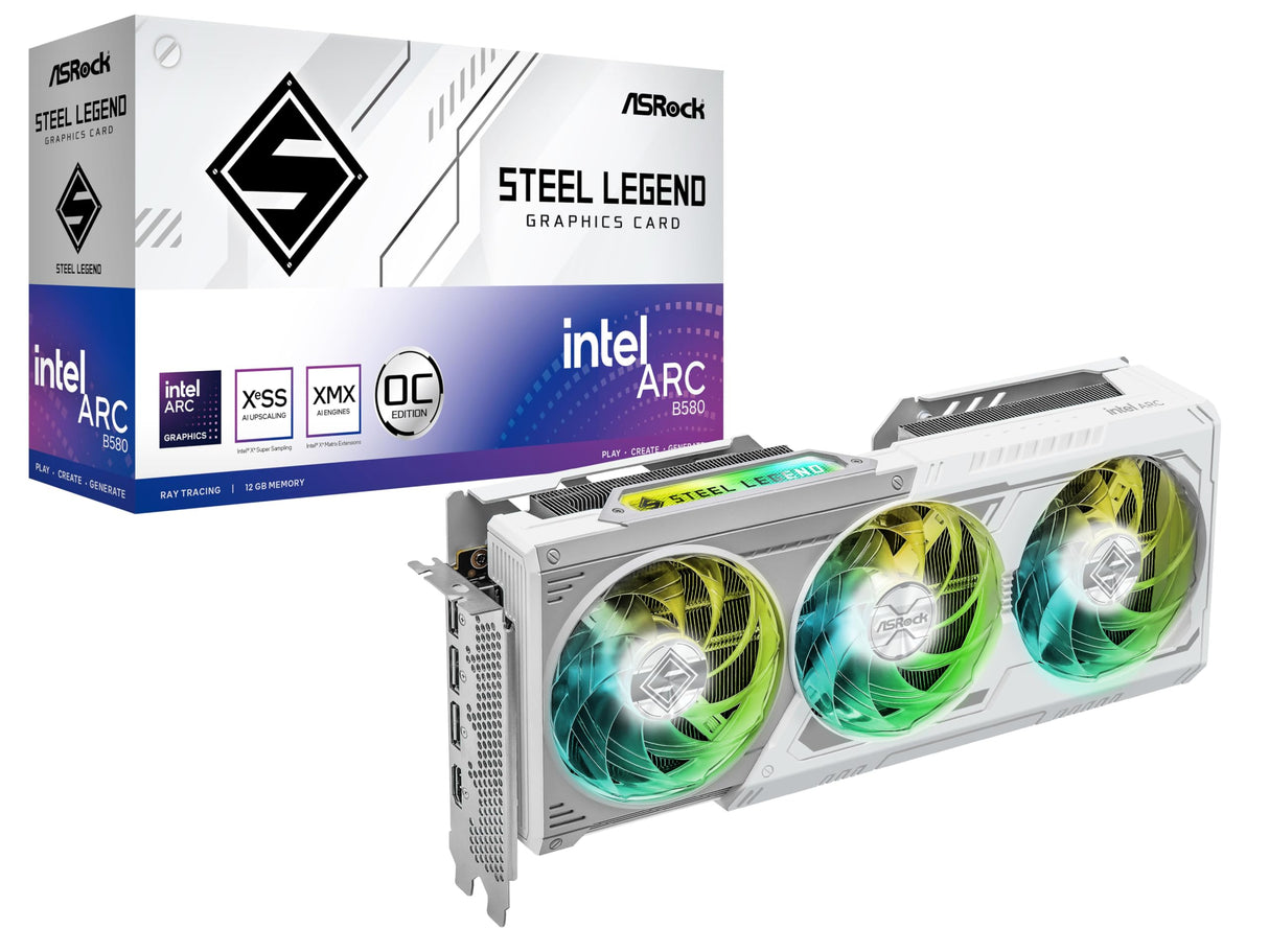 ASRock Intel ARC B580 Steel Legend 12 GB OC 2800 MHz 19 Gbps 192 bit GDDR6 7680 x 4320 650 W Triple Fan Tarjeta gráfica