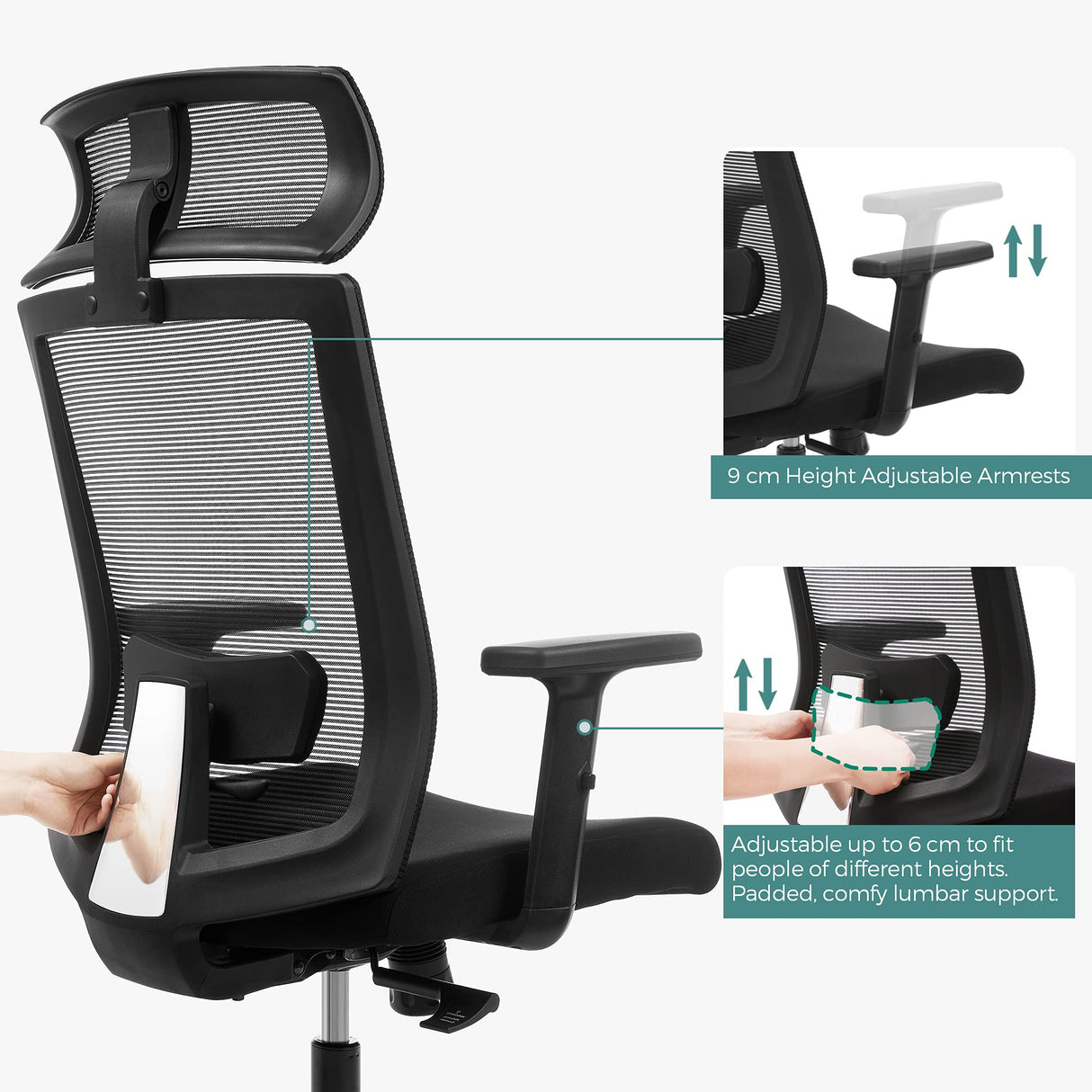 SONGMICS Silla de Oficina de Malla, Silla de Escritorio, Giratorio de 360°, Soporte Lumbar Ajustable, Apoyacabezas y Apoyabrazos, Inclinación del Respaldo hasta 120°, Negro OBN55BK