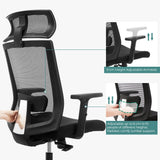 SONGMICS Silla de Oficina de Malla, Silla de Escritorio, Giratorio de 360°, Soporte Lumbar Ajustable, Apoyacabezas y Apoyabrazos, Inclinación del Respaldo hasta 120°, Negro OBN55BK
