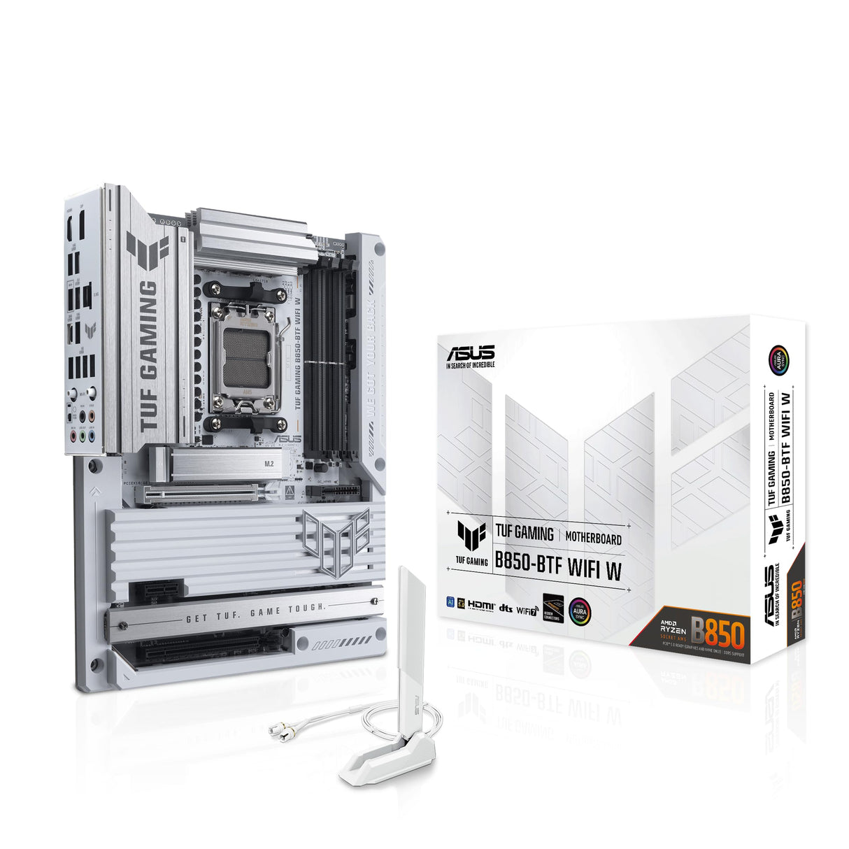 ASUS TUF Gaming B850-BTF WiFi W, Placa Base AMD ATX, 14+2+1 Fases de alimentación, Ranura DDR5, PCIe 5.0 Ready, 3 Ranuras M.2, WiFi 7, Realtek 2.5 GB, USB-C, HDMI, DisplayPort, BIOS Flashback y Aura