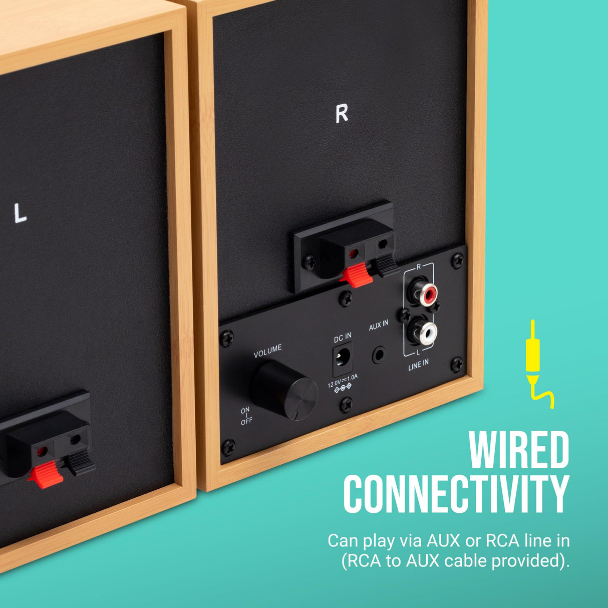 JAM Altavoces de Estantería - Altavoces Cableados con Entradas AUX y RCA, Compatibles con Tocadiscos y Reproductores de Vinilos, Altavoces Activos, Amplificación Integrada, Madera