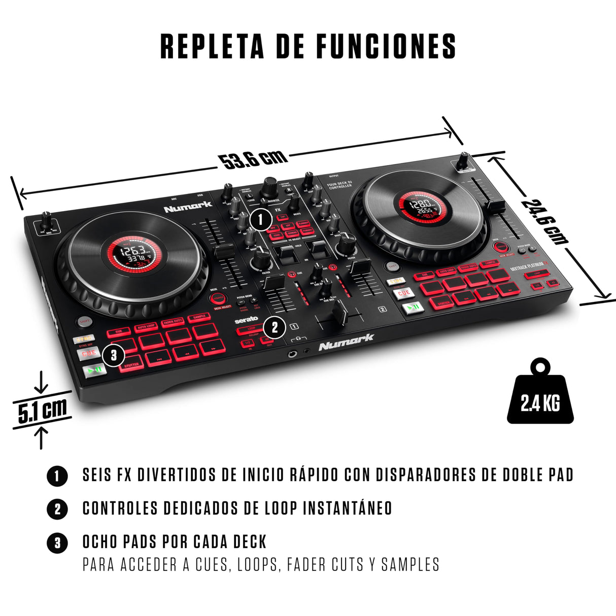 Numark Mixtrack Platinum FX Controlador DJ para Serato DJ Con Control de 4 Secciones, Mezclador DJ, Interfaz de Audio Incorporada, Pantallas en Las Ruedas de Selección y Paletas de Efectos