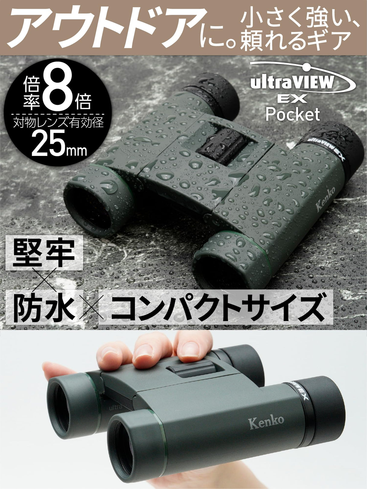 Kenko Binocular Ultraview EX Pocket 8x25, Prisma de Techo, Ligero y Compacto, IPX7 Impermeable, Fabricado en Japón, 407004