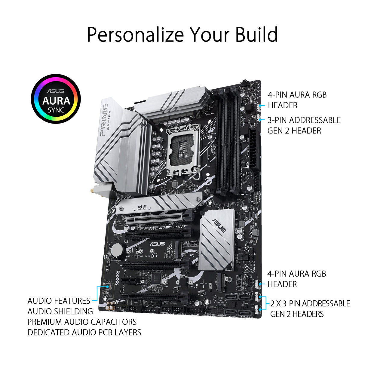 ASUS PRIME Z790-P WIFI - Placa base Intel LGA 1700 ATX (PCIe 5.0, tres M.2, VRM de 14+1 fases, DDR5, WIFI 6, LAN de 2,5 Gb, USB 3.2 Gen 2x2 tipo C, Thunderbolt 4, Aura Sync)