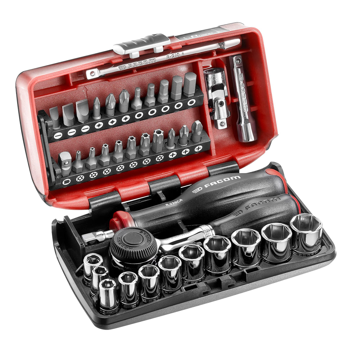 FACOM Juego de Vasos 1/4" y Puntas de Atornillado, 38 Piezas, Compacto y Performante, Incluye Cliquet Rotativo 360°, Pozidriv, Phillips y Resistox, R.360NANOPB
