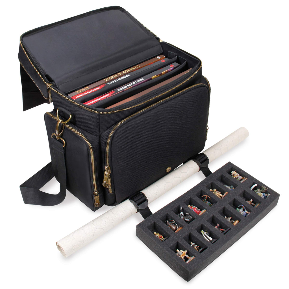 ENHANCE - Bolsa de Viaje RPG para Juegos de Mesa con Mazmorras y Dragones y Figuras, Bolsa de Transporte Acolchada con múltiples Compartimentos para Libros (4 a 8) y Bolsillo para Dados y fichas