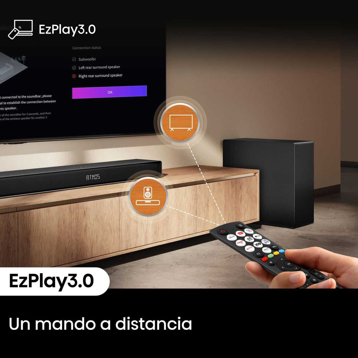 Hisense AX5140Q - Barra de Sonido 5.1.4, 600W, 13 Altavoces, Subwoofer y Altavoces Traseros Inalámbricos, Dolby Atmos, DTS:X, Ecualizador IA, Calibración Automática, Hi-Concerto, EzPlay 3.0