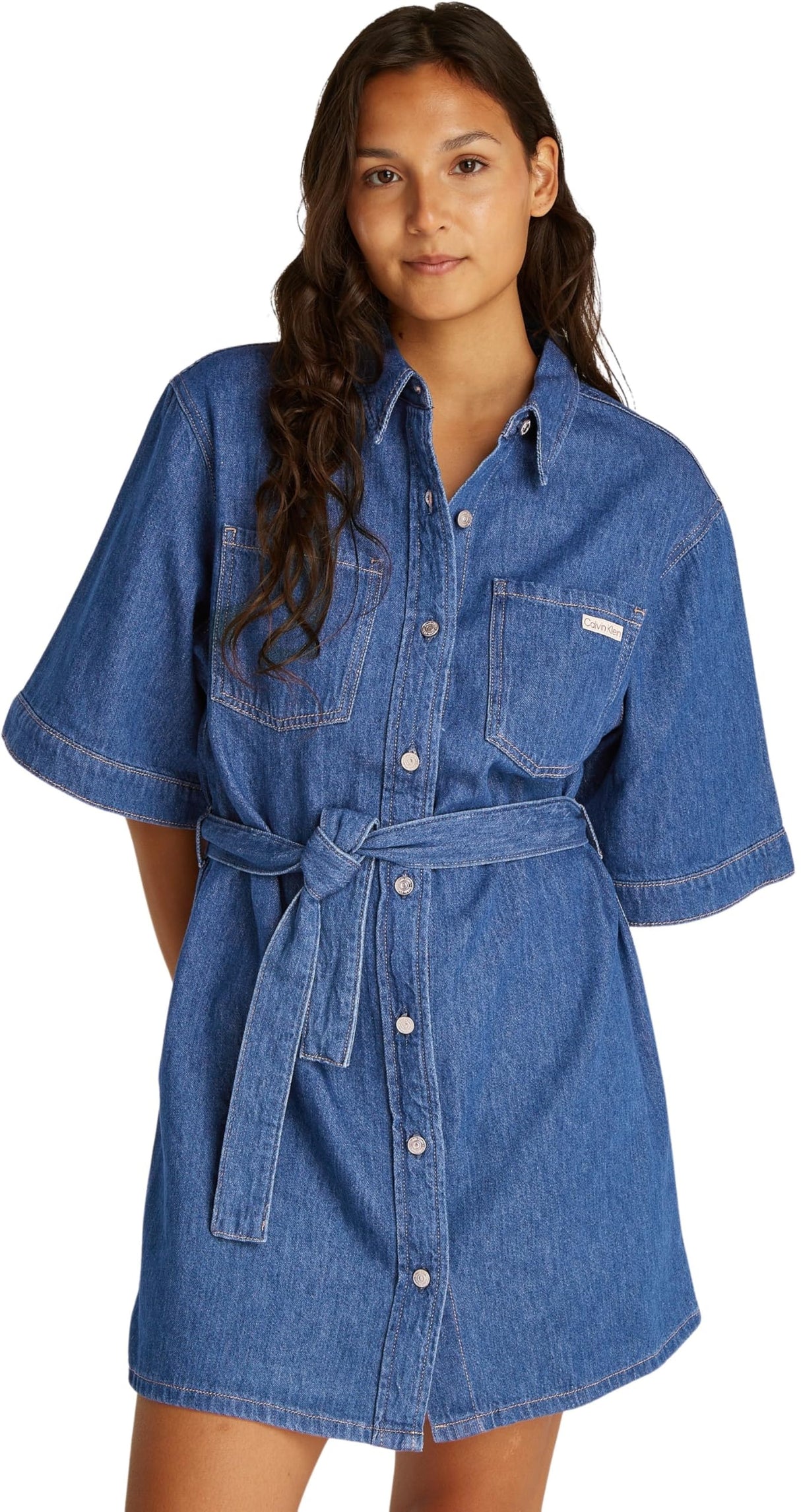 Calvin Klein Vestido Camisero Vaquero Mujer Linen Boxy Belted Denim, Azul (Denim Medium), M